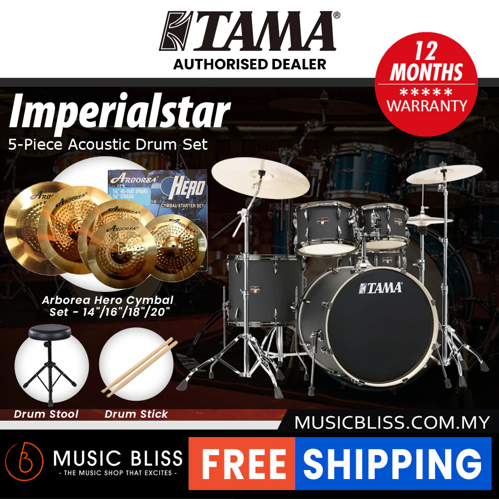 Tama Imperialstar 5-piece Drum Set with Drumsticks and Throne - 22 Inch Bass Drum - Blacked Out Black - Image 11