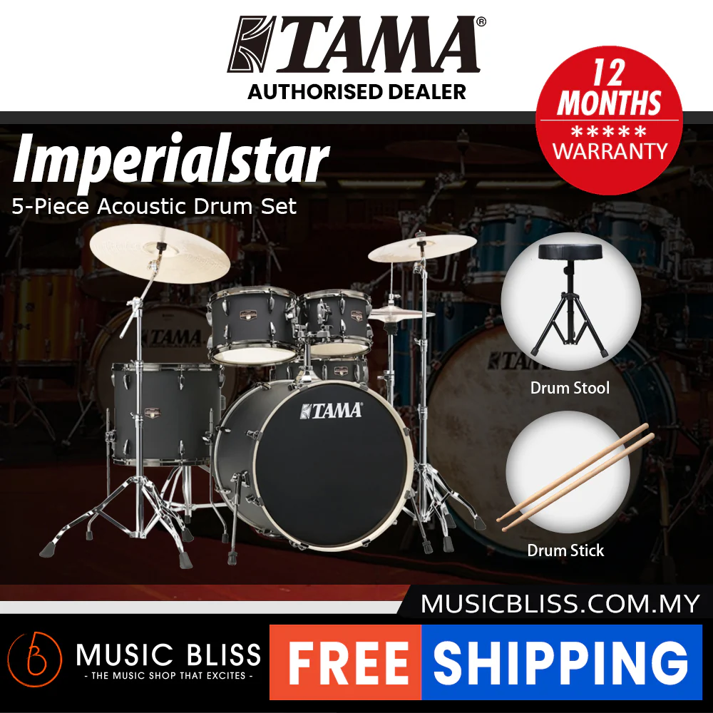 Tama Imperialstar 5-piece Drum Set with Drumsticks and Throne - 22 Inch Bass Drum - Blacked Out Black - Image 2