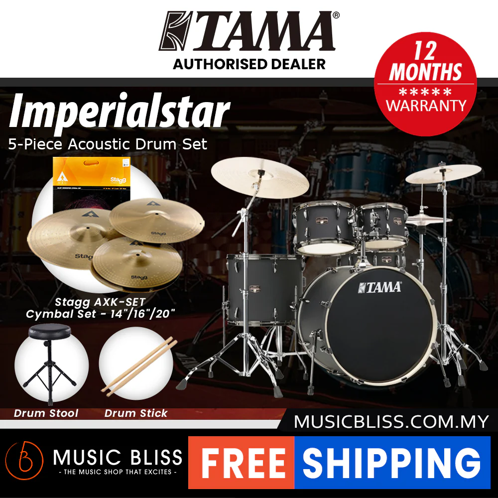 Tama Imperialstar 5-piece Drum Set with Drumsticks and Throne - 22 Inch Bass Drum - Blacked Out Black - Image 3