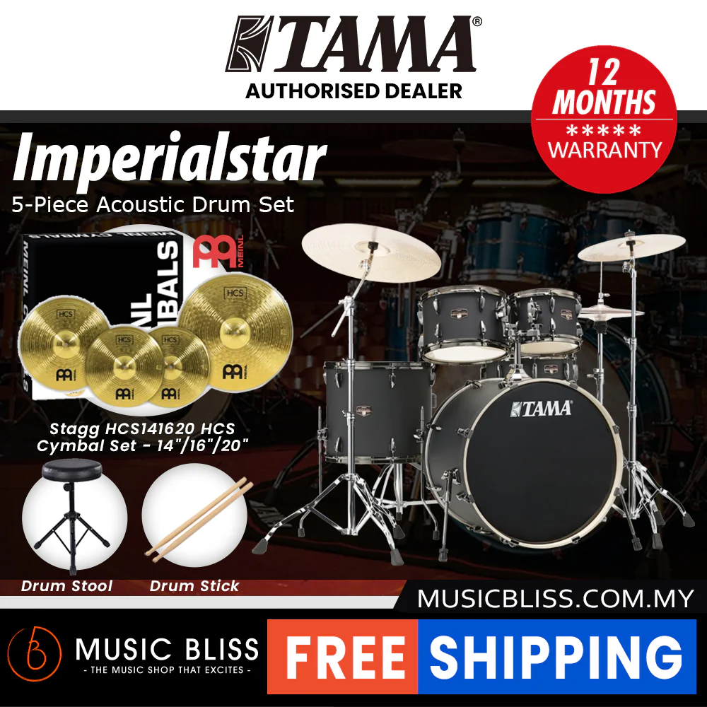Tama Imperialstar 5-piece Drum Set with Drumsticks and Throne - 22 Inch Bass Drum - Blacked Out Black - Image 4