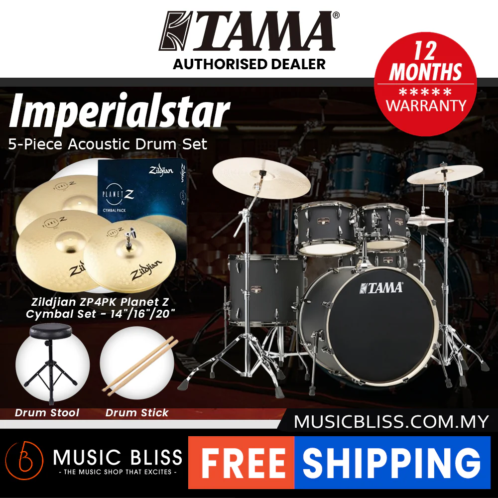 Tama Imperialstar 5-piece Drum Set with Drumsticks and Throne - 22 Inch Bass Drum - Blacked Out Black - Image 5