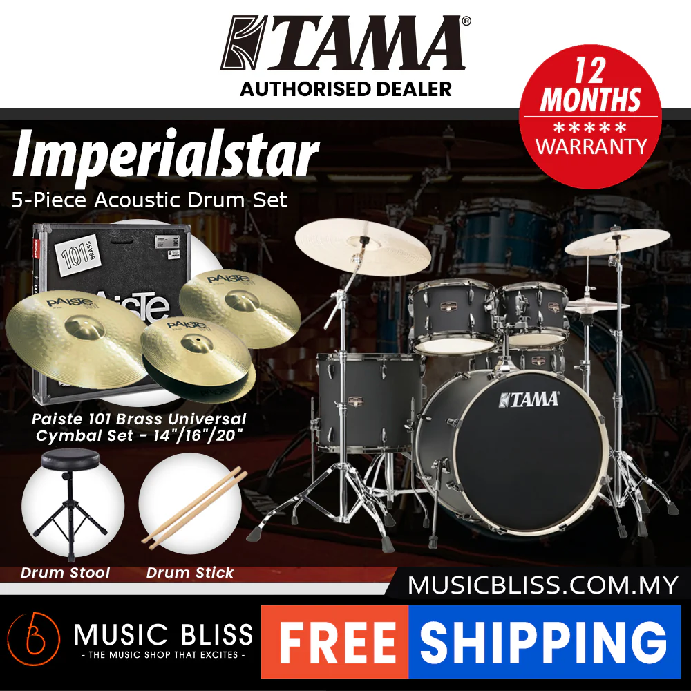 Tama Imperialstar 5-piece Drum Set with Drumsticks and Throne - 22 Inch Bass Drum - Blacked Out Black - Image 6