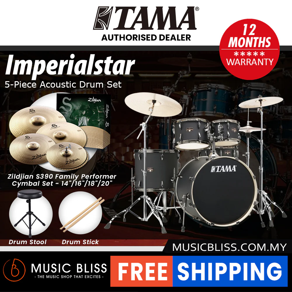 Tama Imperialstar 5-piece Drum Set with Drumsticks and Throne - 22 Inch Bass Drum - Blacked Out Black - Image 7