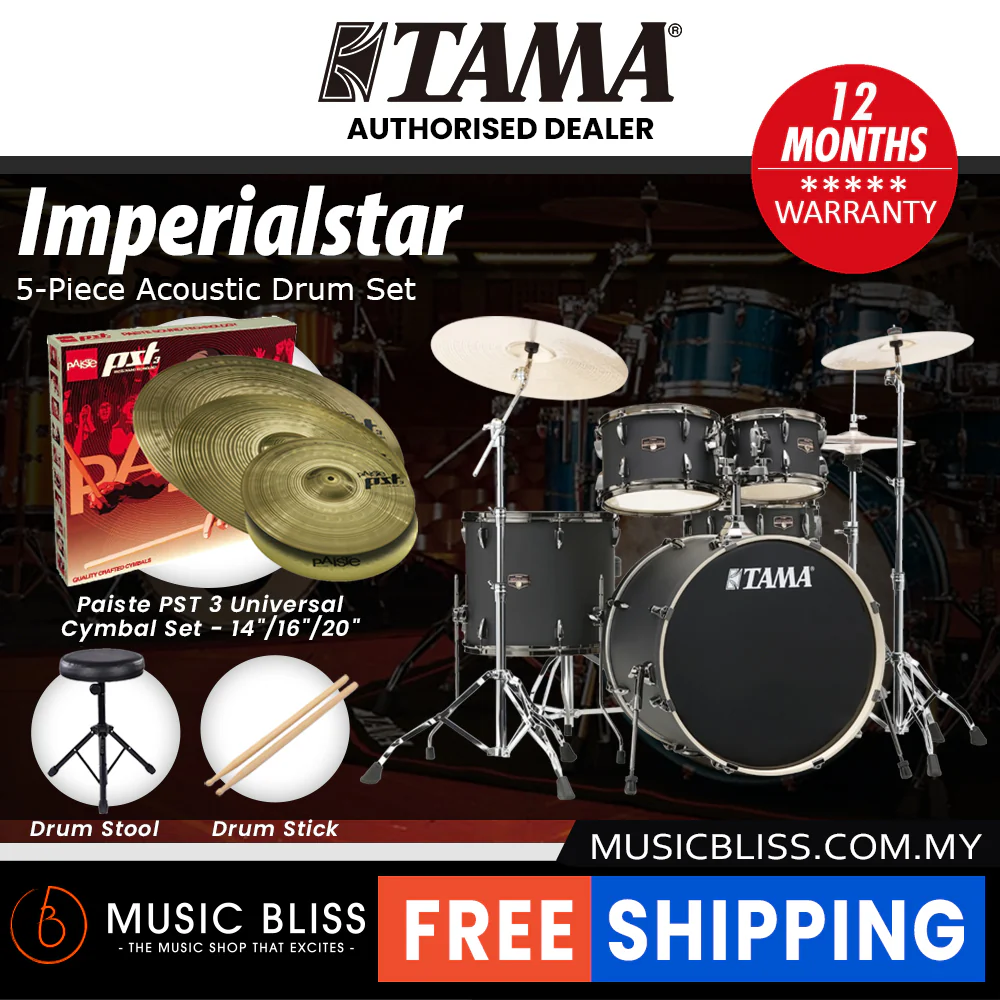 Tama Imperialstar 5-piece Drum Set with Drumsticks and Throne - 22 Inch Bass Drum - Blacked Out Black - Image 8