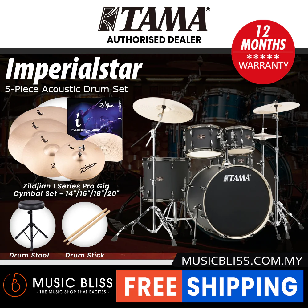 Tama Imperialstar 5-piece Drum Set with Drumsticks and Throne - 22 Inch Bass Drum - Blacked Out Black - Image 9