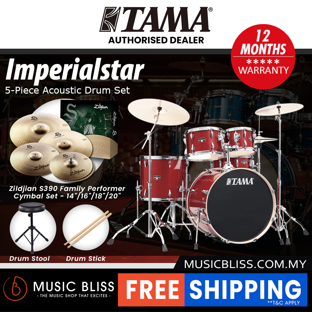 Tama Imperialstar 5-piece Drum Set with Drumsticks and Throne - 22 Inch Bass Drum - Burnt Red Mist - Image 8