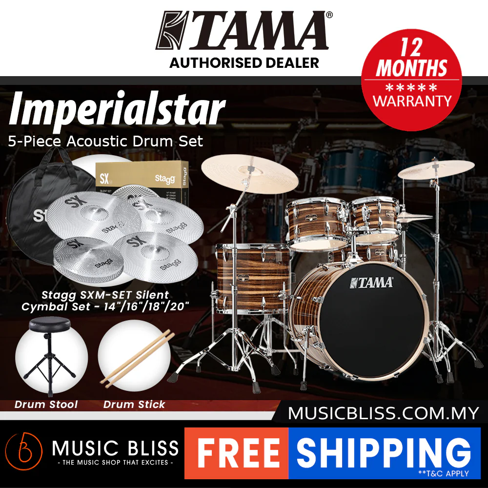 Tama Imperialstar 5-piece Drum Set with Drumsticks and Throne - 22 Inch Bass Drum - Coffee Teak Wrap - Image 10