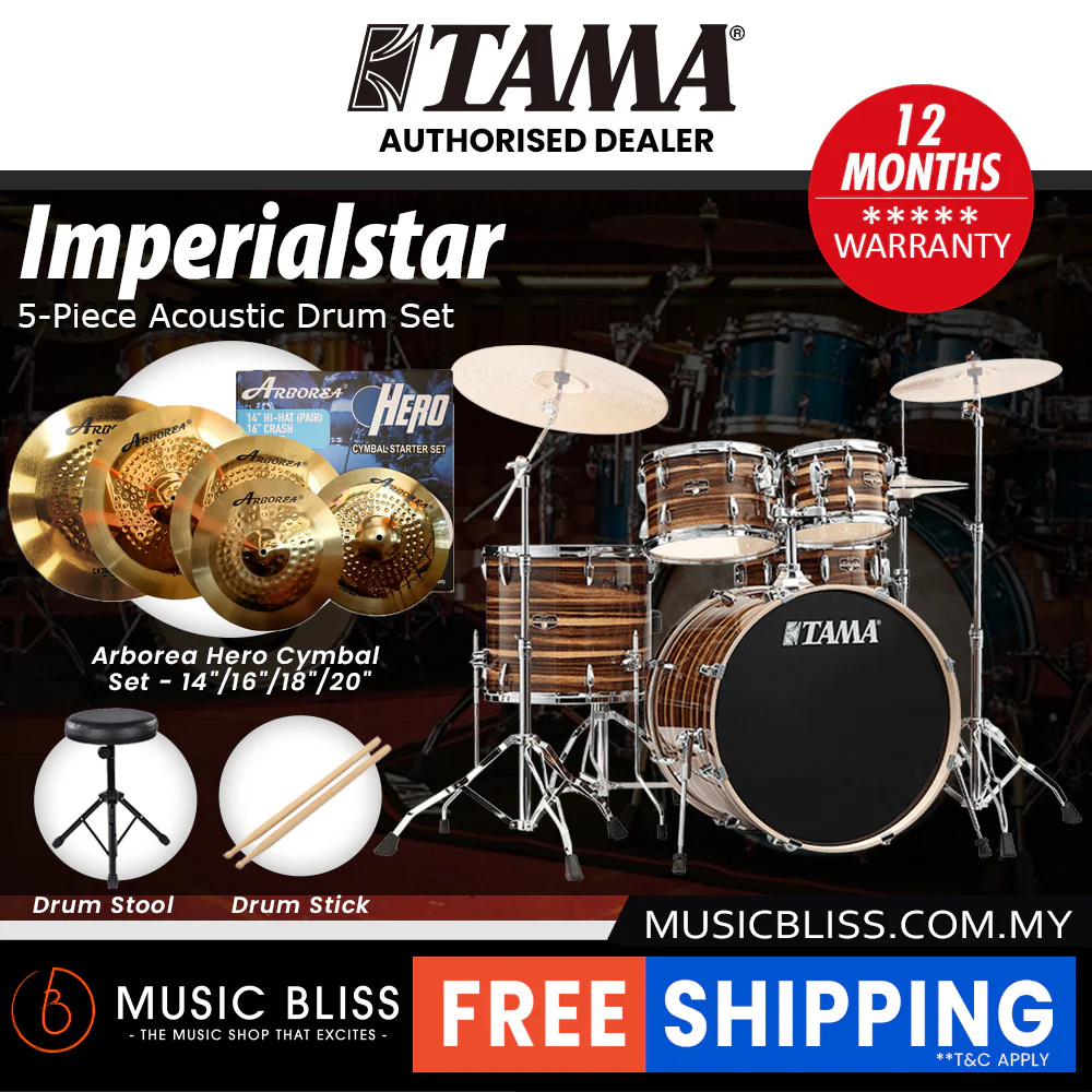 Tama Imperialstar 5-piece Drum Set with Drumsticks and Throne - 22 Inch Bass Drum - Coffee Teak Wrap - Image 12