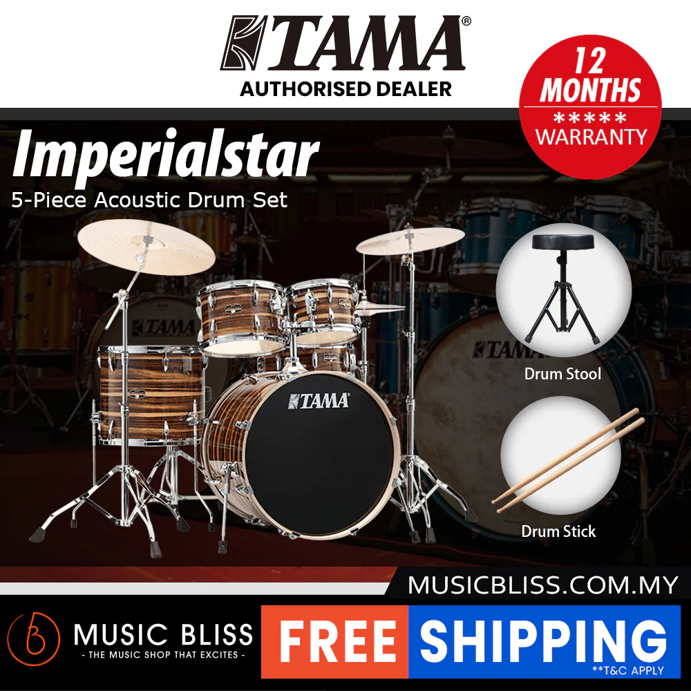 Tama Imperialstar 5-piece Drum Set with Drumsticks and Throne - 22 Inch Bass Drum - Coffee Teak Wrap - Image 2