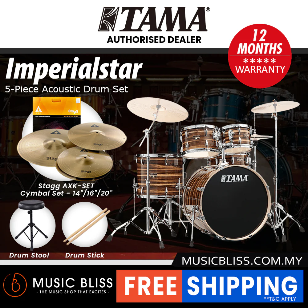 Tama Imperialstar 5-piece Drum Set with Drumsticks and Throne - 22 Inch Bass Drum - Coffee Teak Wrap - Image 3