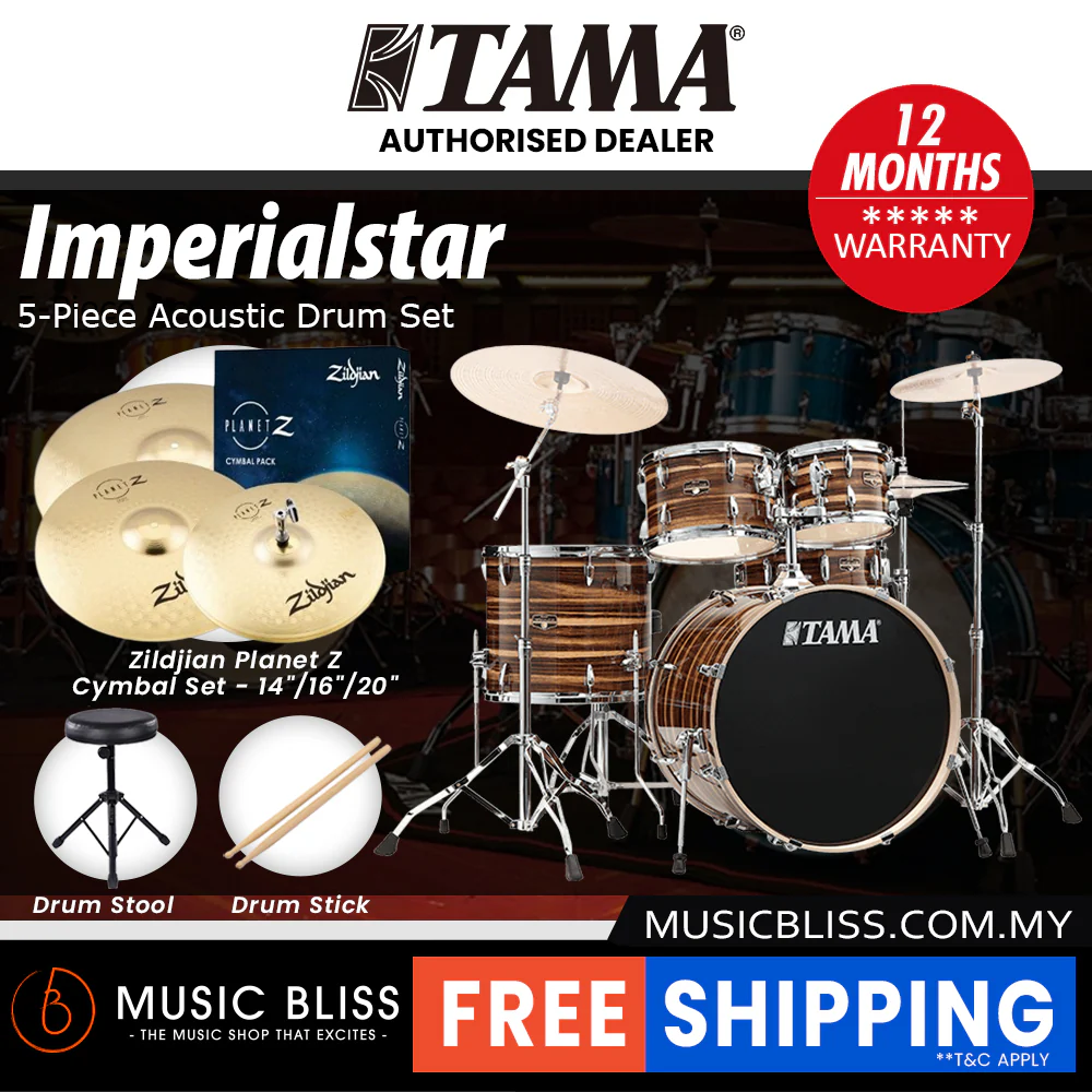 Tama Imperialstar 5-piece Drum Set with Drumsticks and Throne - 22 Inch Bass Drum - Coffee Teak Wrap - Image 5