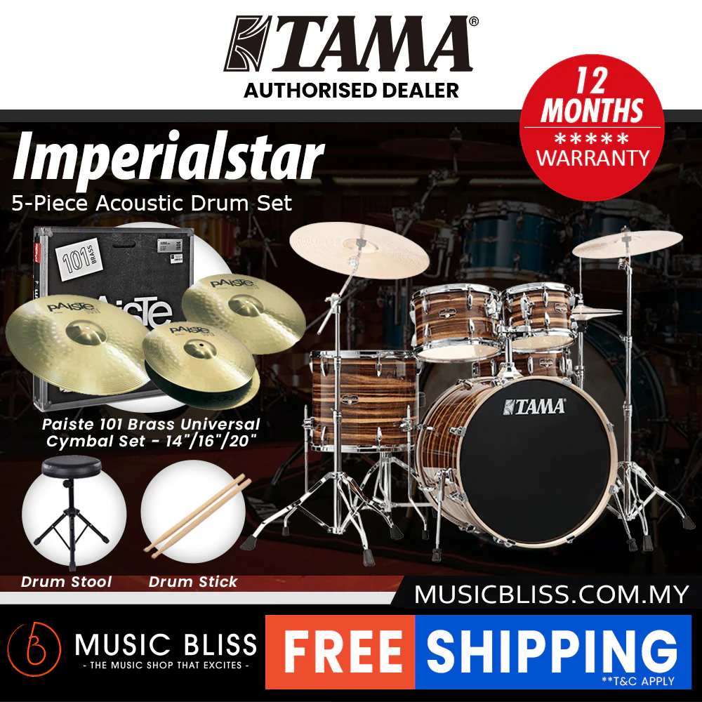 Tama Imperialstar 5-piece Drum Set with Drumsticks and Throne - 22 Inch Bass Drum - Coffee Teak Wrap - Image 6
