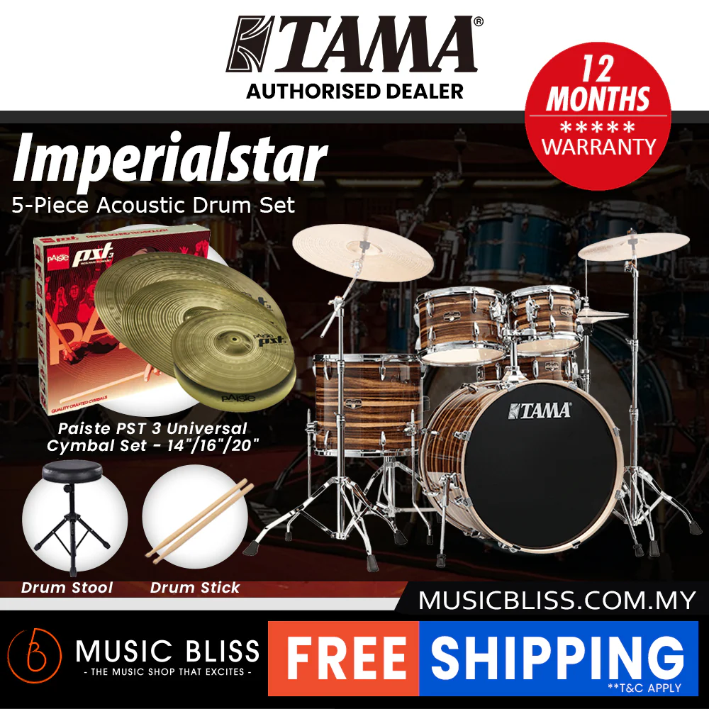 Tama Imperialstar 5-piece Drum Set with Drumsticks and Throne - 22 Inch Bass Drum - Coffee Teak Wrap - Image 8
