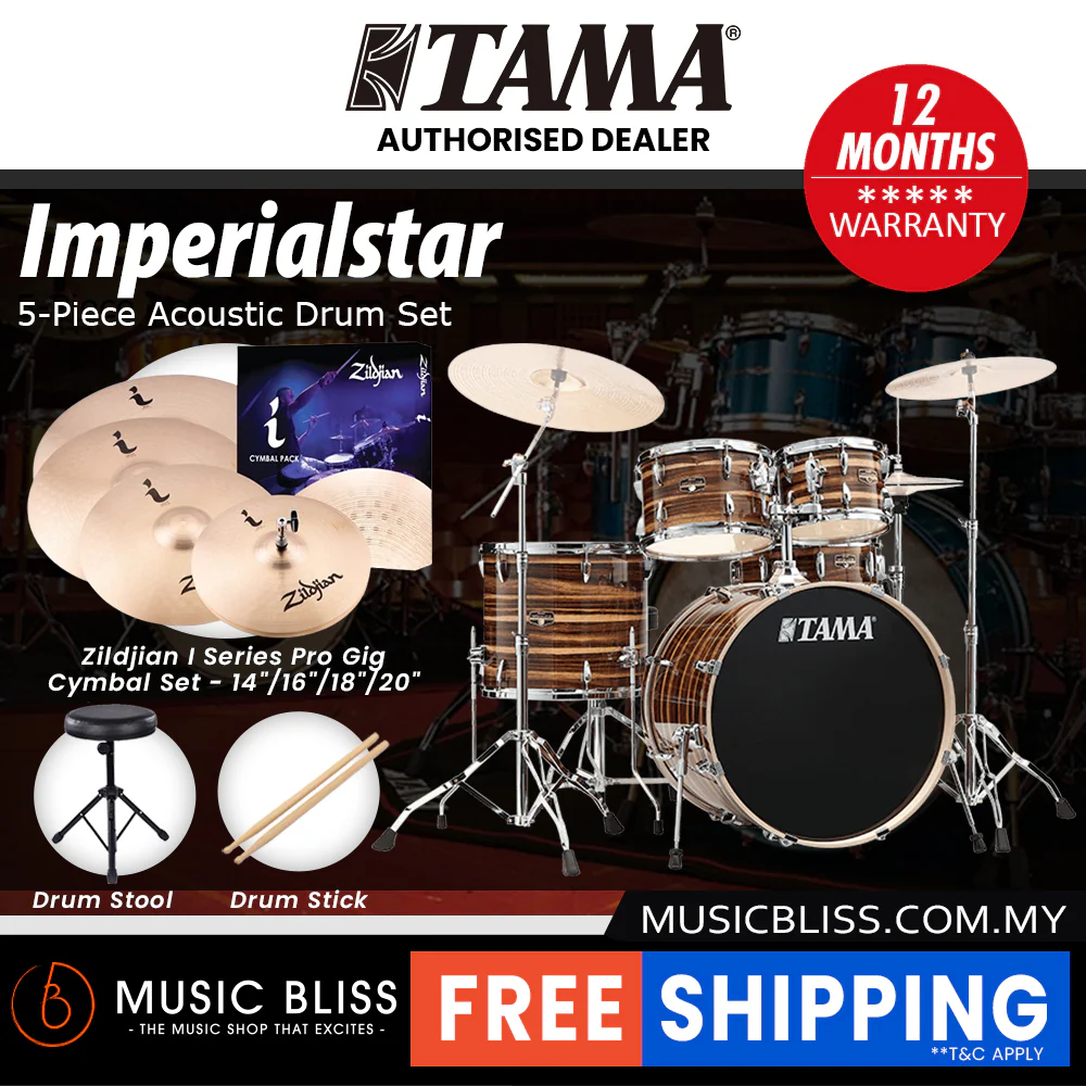 Tama Imperialstar 5-piece Drum Set with Drumsticks and Throne - 22 Inch Bass Drum - Coffee Teak Wrap - Image 9