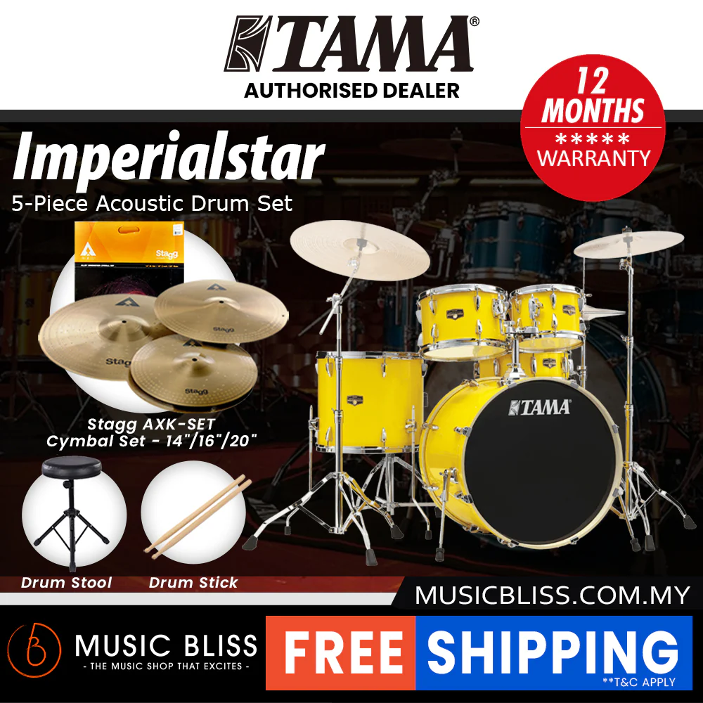 Tama Imperialstar 5-piece Drum Set with Drumsticks and Throne - 22 Inch Bass Drum - Electric Yellow - Image 3