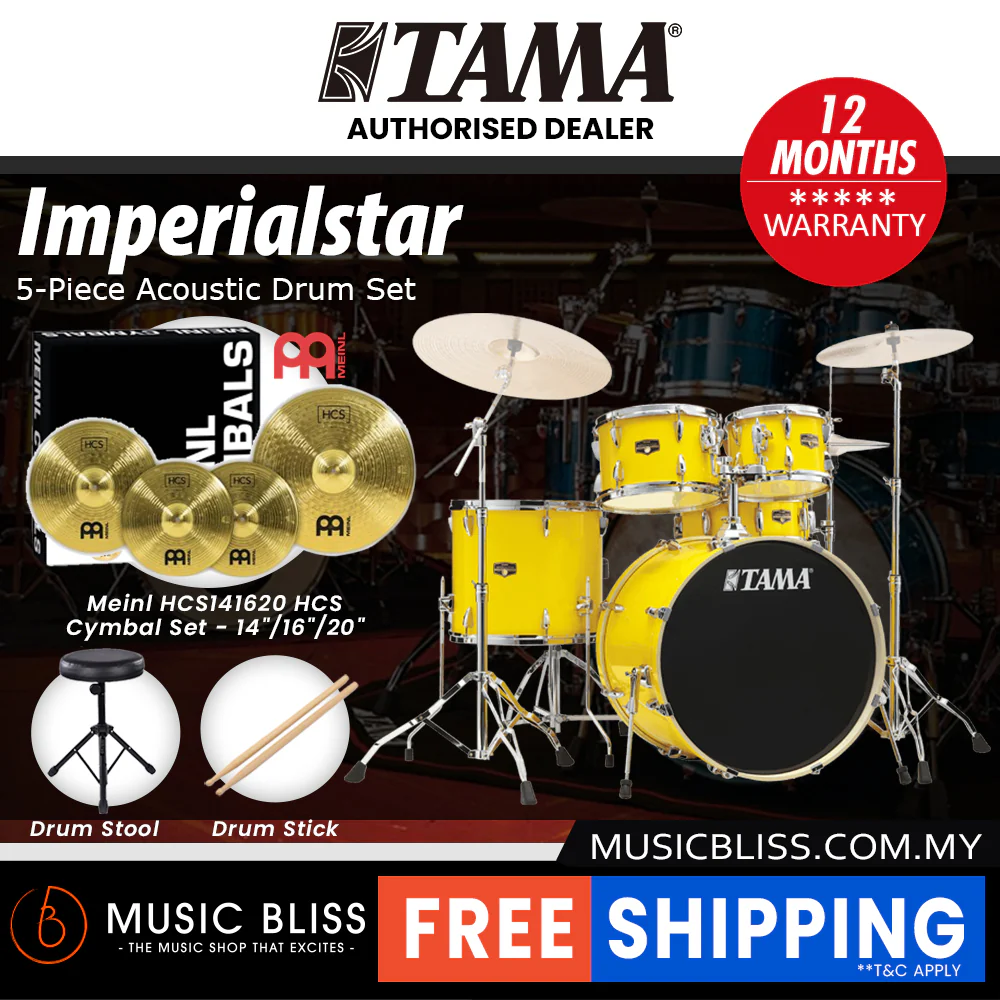 Tama Imperialstar 5-piece Drum Set with Drumsticks and Throne - 22 Inch Bass Drum - Electric Yellow - Image 4