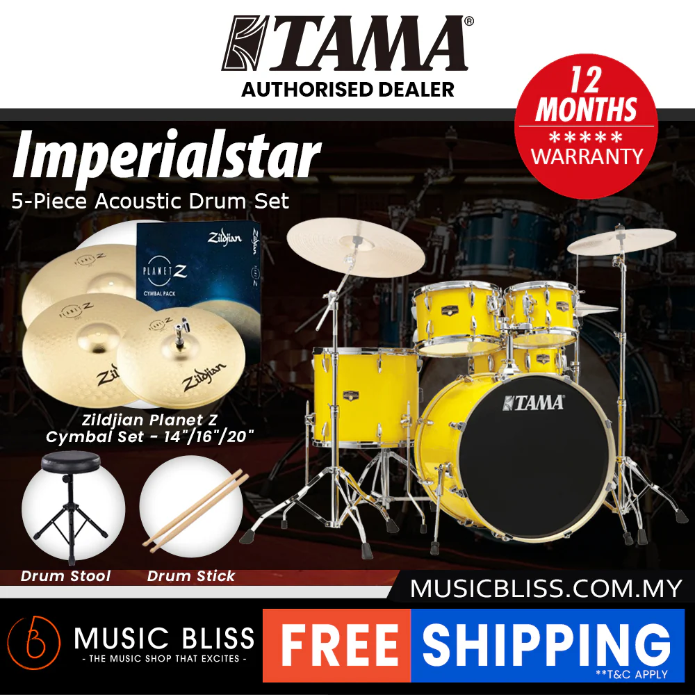 Tama Imperialstar 5-piece Drum Set with Drumsticks and Throne - 22 Inch Bass Drum - Electric Yellow - Image 5