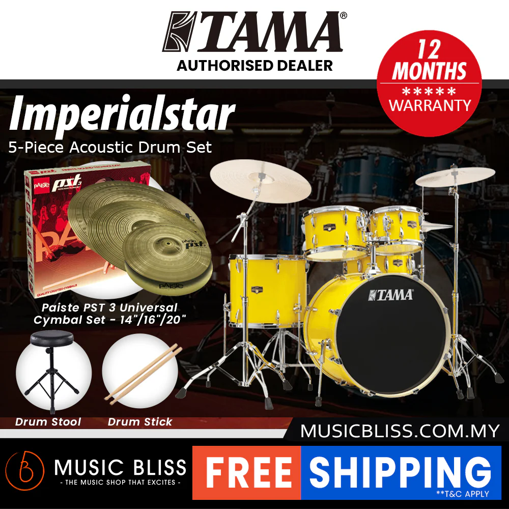 Tama Imperialstar 5-piece Drum Set with Drumsticks and Throne - 22 Inch Bass Drum - Electric Yellow - Image 8