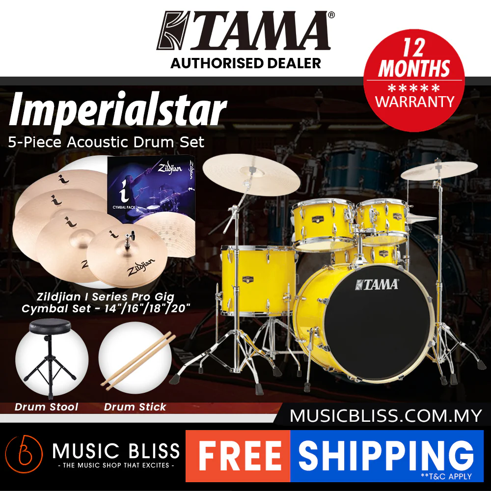 Tama Imperialstar 5-piece Drum Set with Drumsticks and Throne - 22 Inch Bass Drum - Electric Yellow - Image 9
