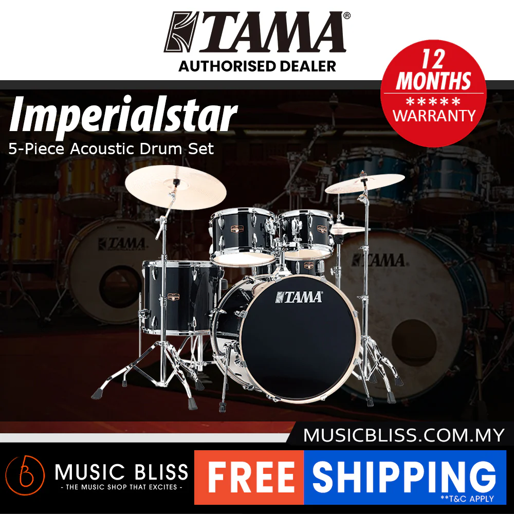 Tama Imperialstar 5-piece Drum Set with Drumsticks and Throne - 22 Inch Bass Drum - Hairline Black