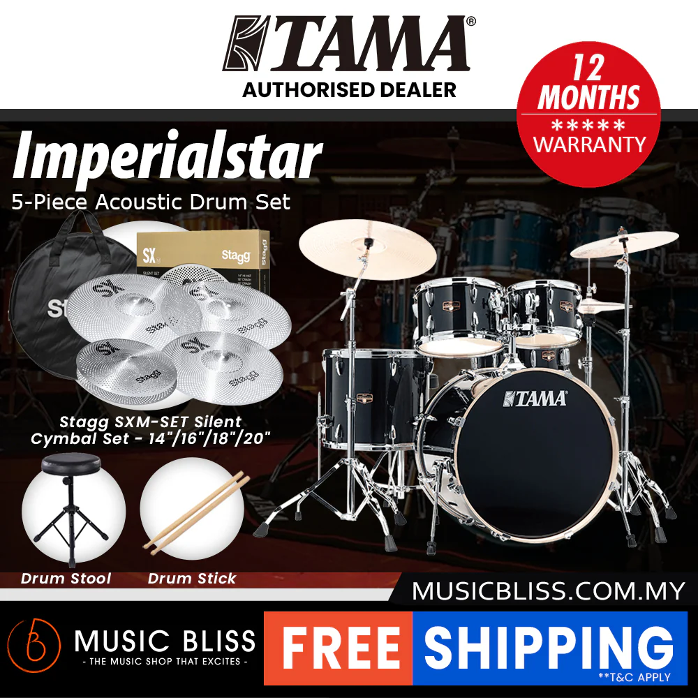Tama Imperialstar 5-piece Drum Set with Drumsticks and Throne - 22 Inch Bass Drum - Hairline Black - Image 10