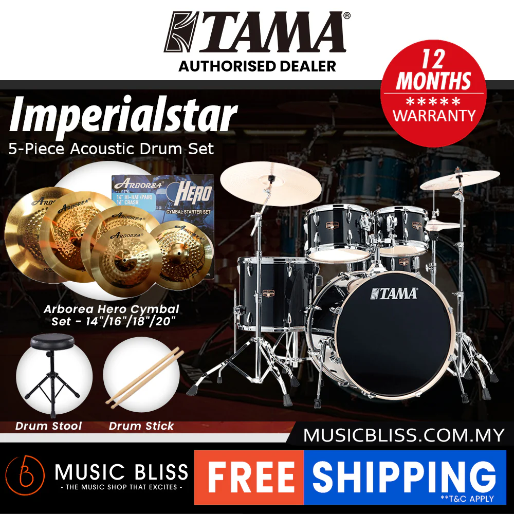 Tama Imperialstar 5-piece Drum Set with Drumsticks and Throne - 22 Inch Bass Drum - Hairline Black - Image 12