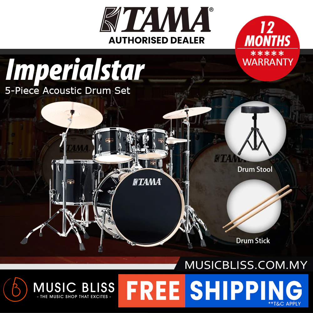 Tama Imperialstar 5-piece Drum Set with Drumsticks and Throne - 22 Inch Bass Drum - Hairline Black - Image 2