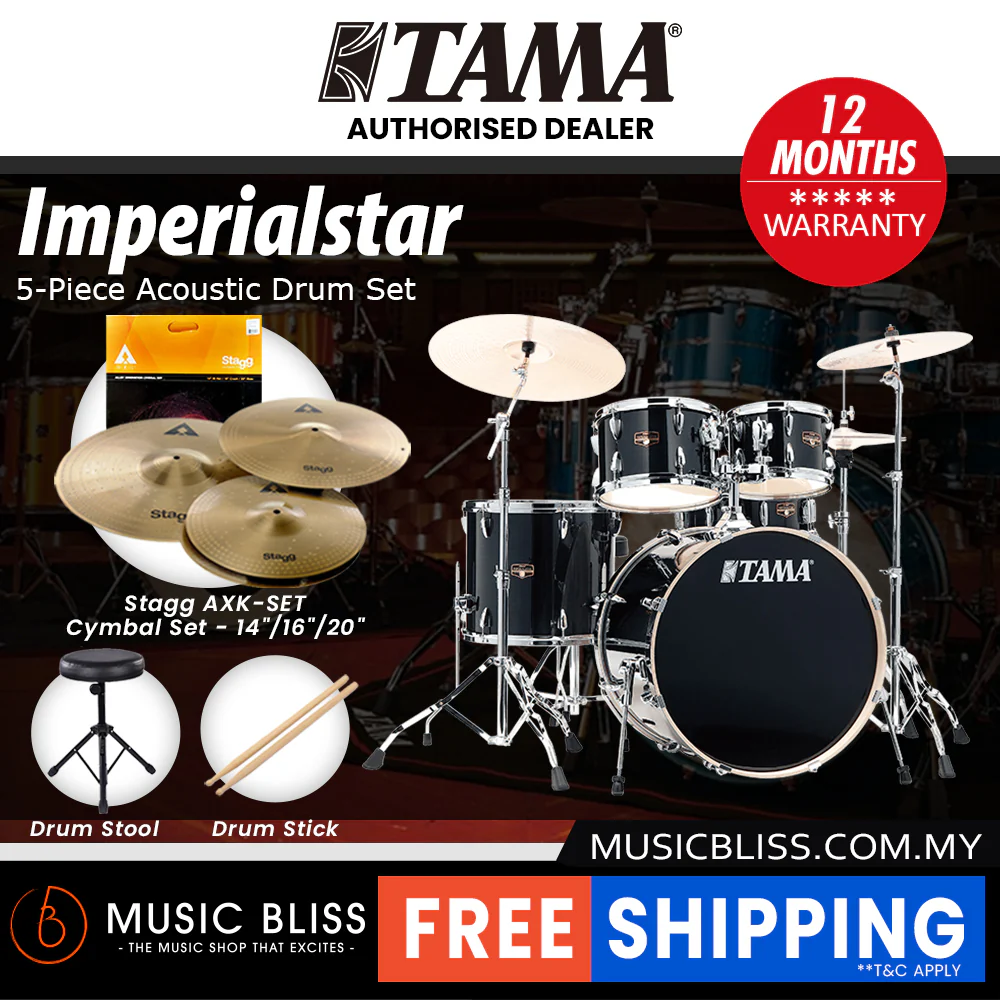 Tama Imperialstar 5-piece Drum Set with Drumsticks and Throne - 22 Inch Bass Drum - Hairline Black - Image 3