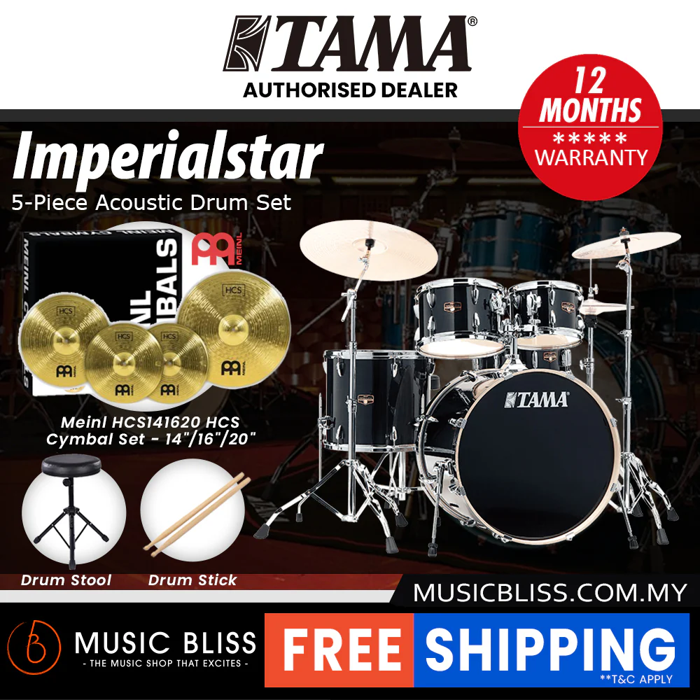 Tama Imperialstar 5-piece Drum Set with Drumsticks and Throne - 22 Inch Bass Drum - Hairline Black - Image 4
