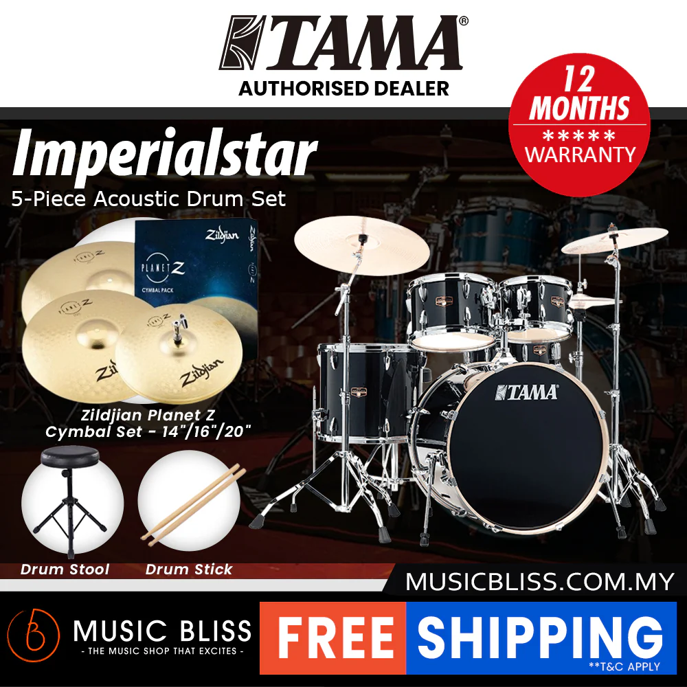Tama Imperialstar 5-piece Drum Set with Drumsticks and Throne - 22 Inch Bass Drum - Hairline Black - Image 5