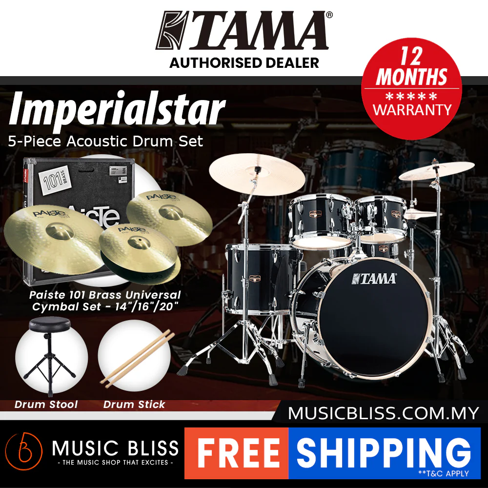 Tama Imperialstar 5-piece Drum Set with Drumsticks and Throne - 22 Inch Bass Drum - Hairline Black - Image 6