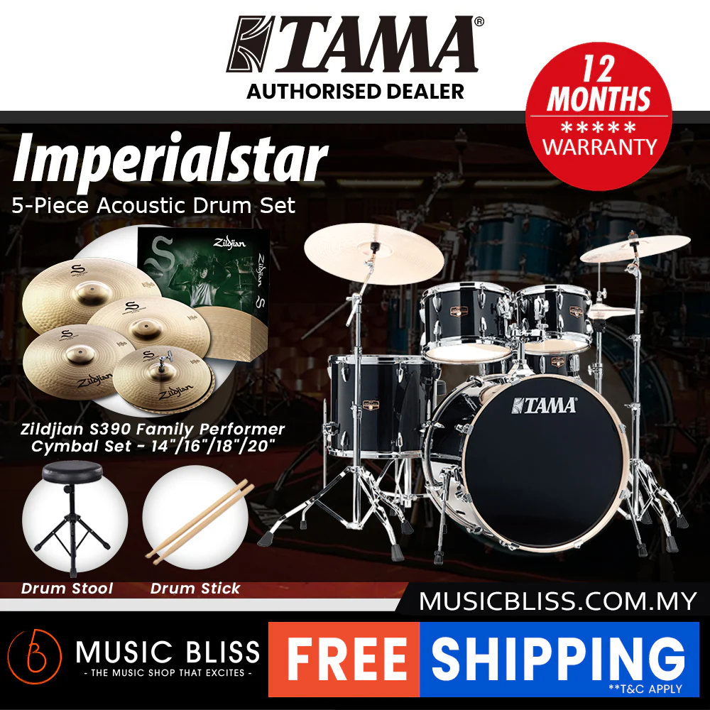 Tama Imperialstar 5-piece Drum Set with Drumsticks and Throne - 22 Inch Bass Drum - Hairline Black - Image 7