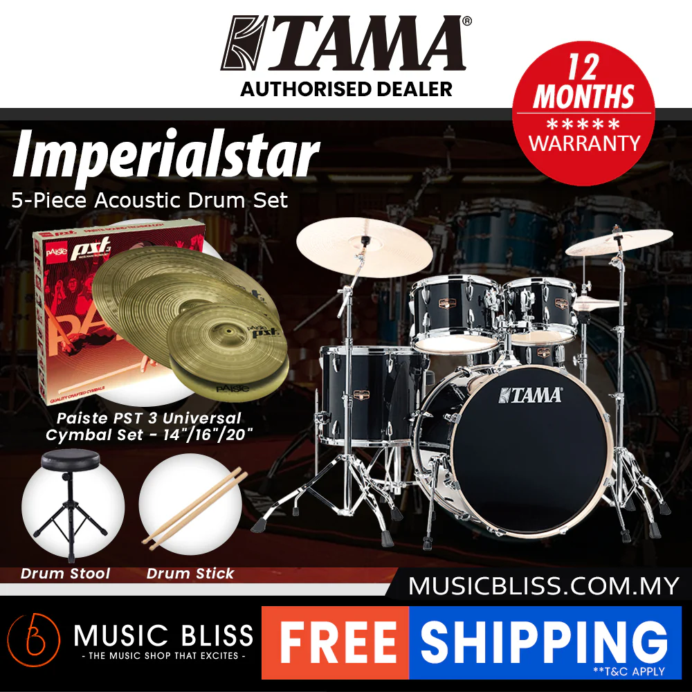 Tama Imperialstar 5-piece Drum Set with Drumsticks and Throne - 22 Inch Bass Drum - Hairline Black - Image 8