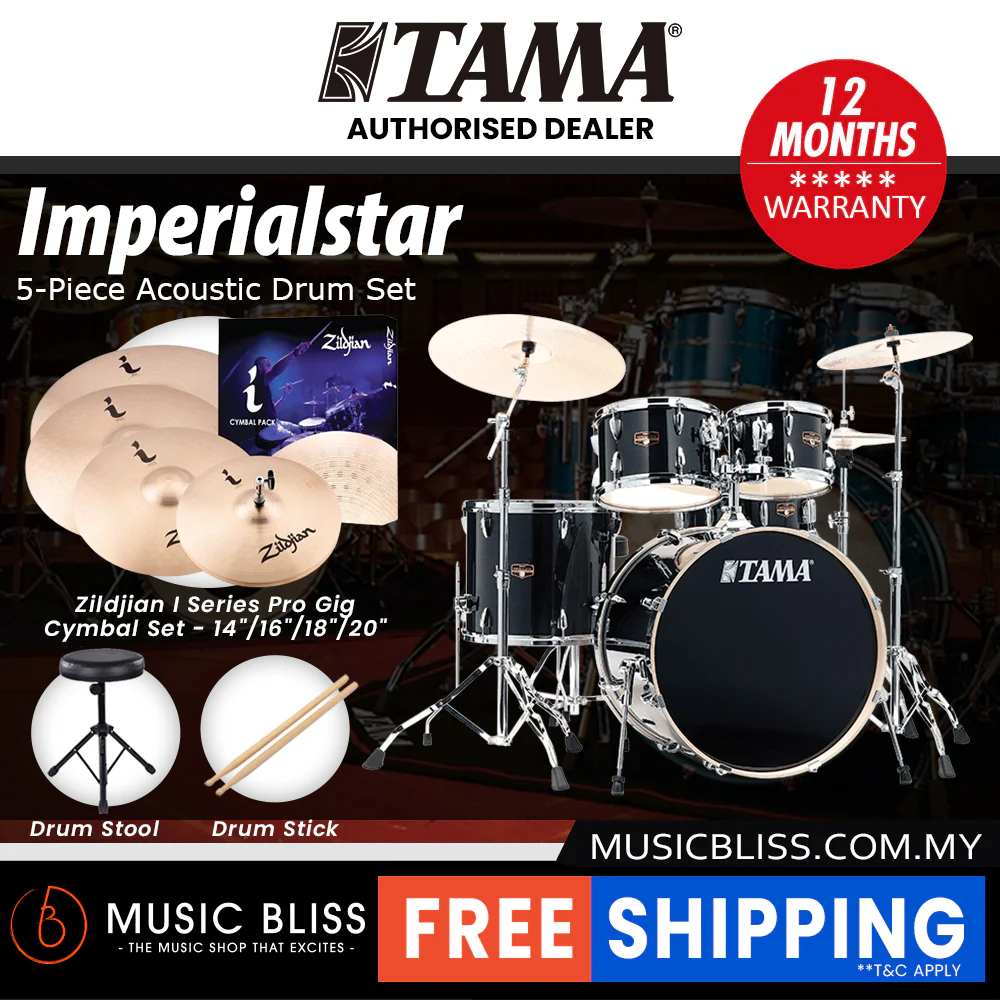 Tama Imperialstar 5-piece Drum Set with Drumsticks and Throne - 22 Inch Bass Drum - Hairline Black - Image 9
