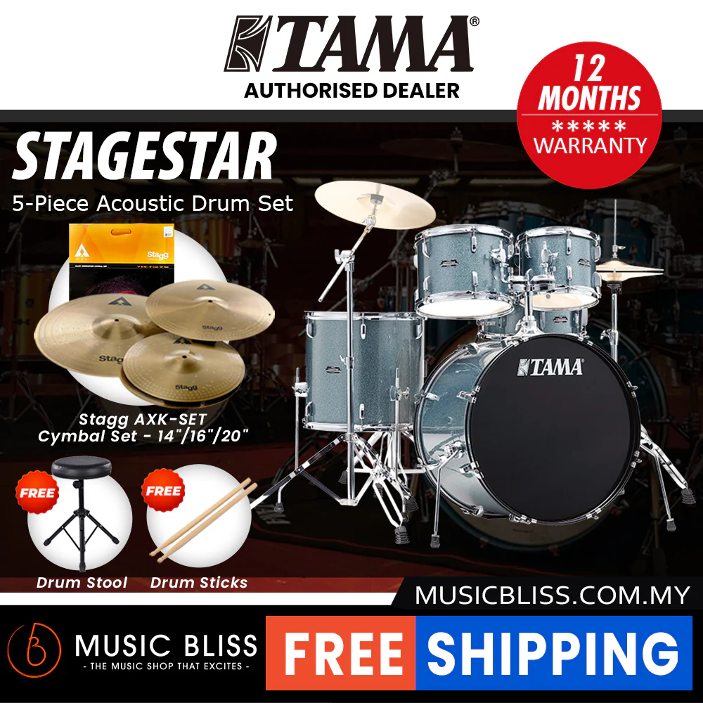 Tama Stagestar 5-piece Drum Set with Drumsticks and Throne - 22 Inch Bass Drum - Sea Blue Mist - Image 3