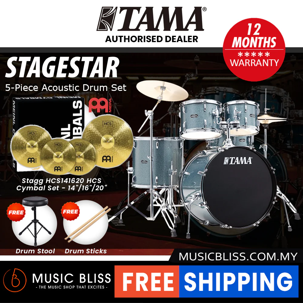 Tama Stagestar 5-piece Drum Set with Drumsticks and Throne - 22 Inch Bass Drum - Sea Blue Mist - Image 4