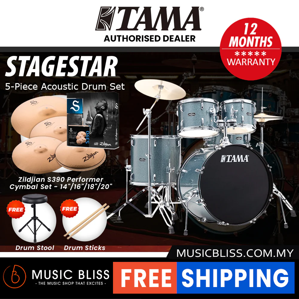 Tama Stagestar 5-piece Drum Set with Drumsticks and Throne - 22 Inch Bass Drum - Sea Blue Mist - Image 7