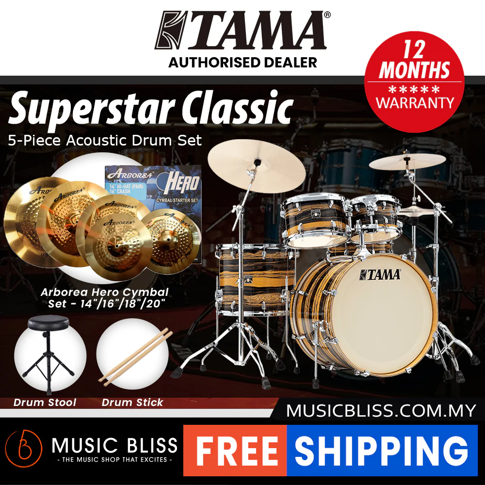 Tama Superstar Classic 5-piece Shell Pack - 22 Inch Bass Drum - Nat Ebony Tiger Wrap - Image 12