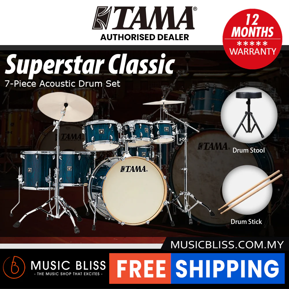 Tama Superstar Classic CL72RSP 7-Piece Drum Set with Hardware - Gloss Sapphire Lacebark Pine - Image 2