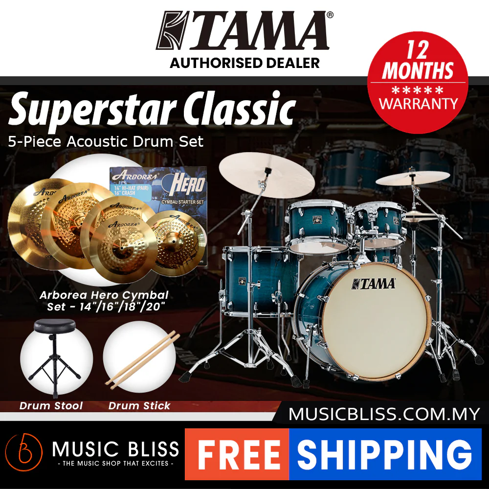 Tama Superstar Classic 5-piece Shell Pack - 22 Inch Bass Drum - Blue Lacquer Burst - Image 10