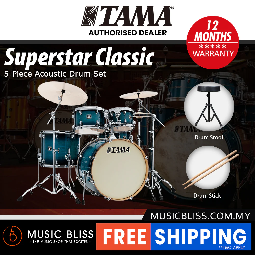 Tama Superstar Classic 5-piece Shell Pack - 22 Inch Bass Drum - Blue Lacquer Burst - Image 2