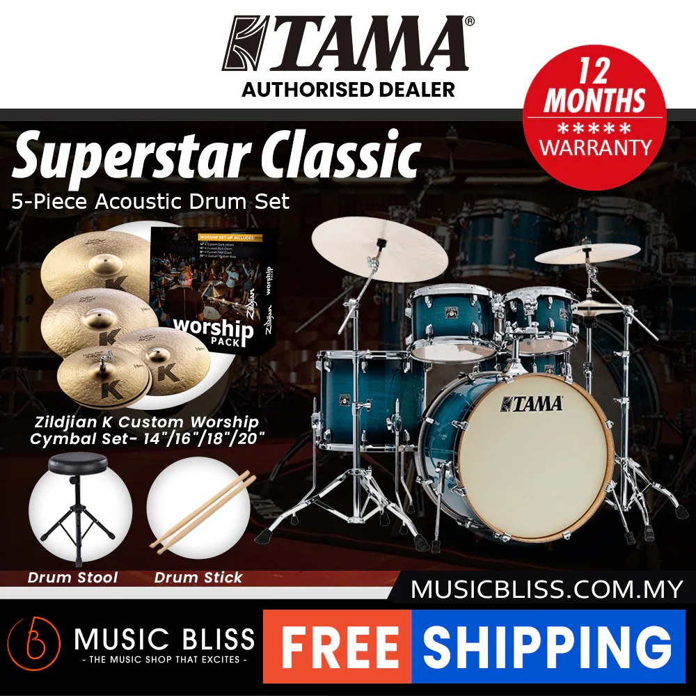 Tama Superstar Classic 5-piece Shell Pack - 22 Inch Bass Drum - Blue Lacquer Burst - Image 3