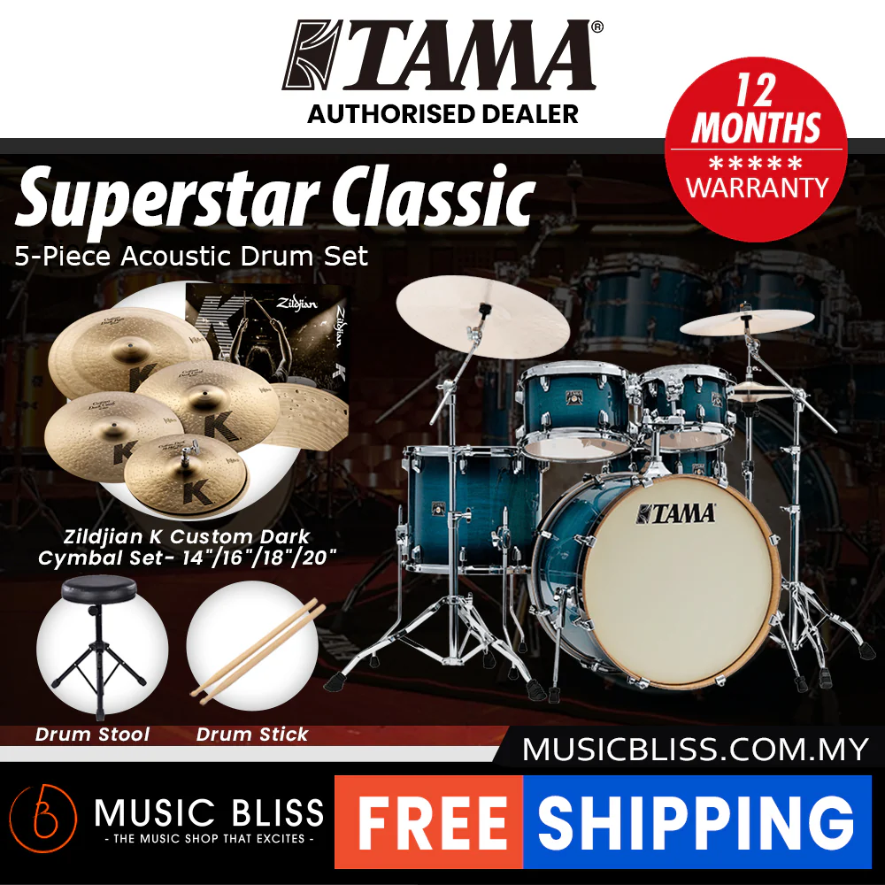 Tama Superstar Classic 5-piece Shell Pack - 22 Inch Bass Drum - Blue Lacquer Burst - Image 4