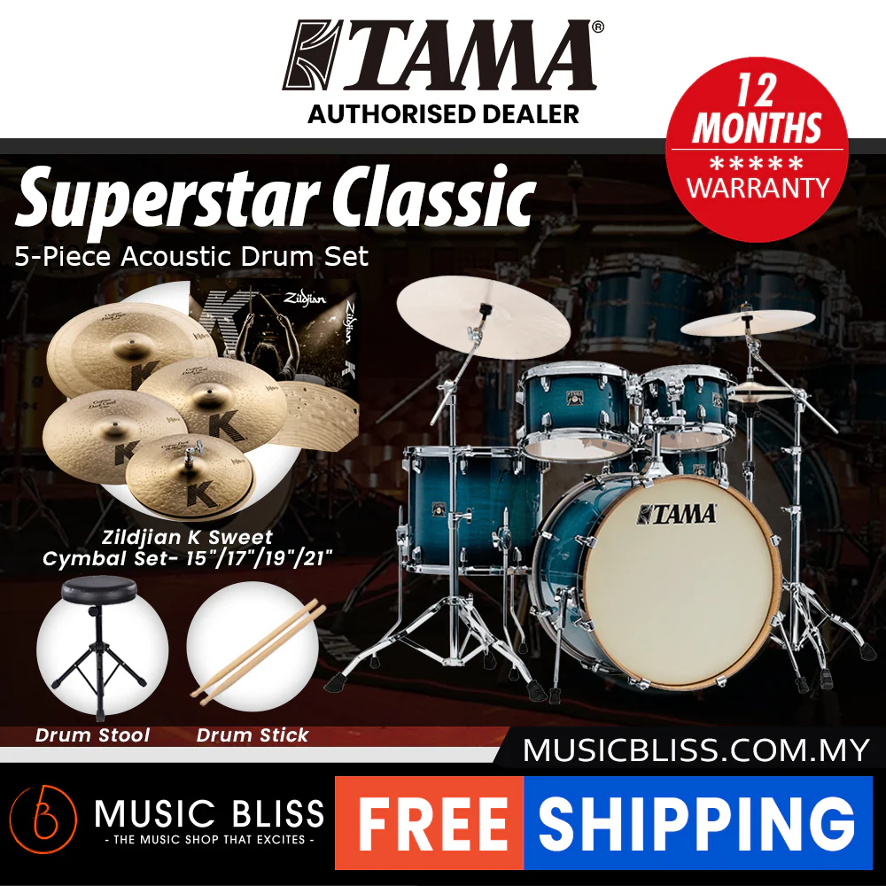 Tama Superstar Classic 5-piece Shell Pack - 22 Inch Bass Drum - Blue Lacquer Burst - Image 9