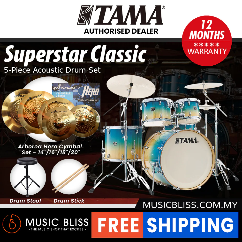 Tama Superstar Classic 5-piece Shell Pack - 22 Inch Bass Drum - Caribbean Lacebark Pine Fade - Image 10
