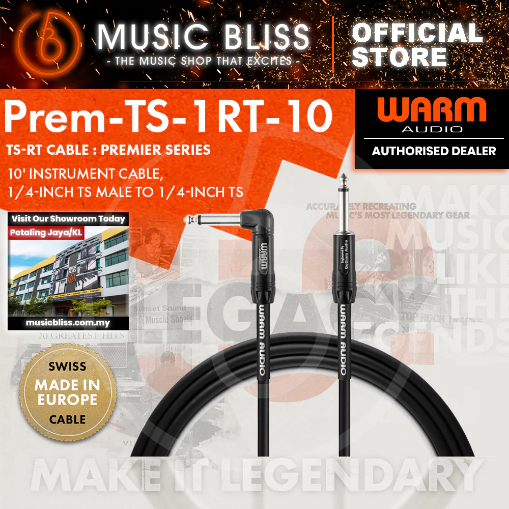 Warm Audio Prem-TS-1RT-10' Premier Gold Straight to Right Angle Instrument Cable - 10-foot