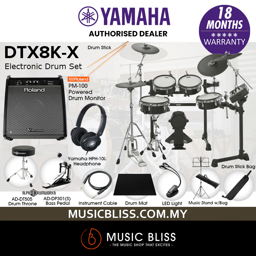 Yamaha DTX-8K-X Electronic Drum Set with Roland PM-100 Drum Monitor and Yamaha HPH-100 Headphone - Black Forest