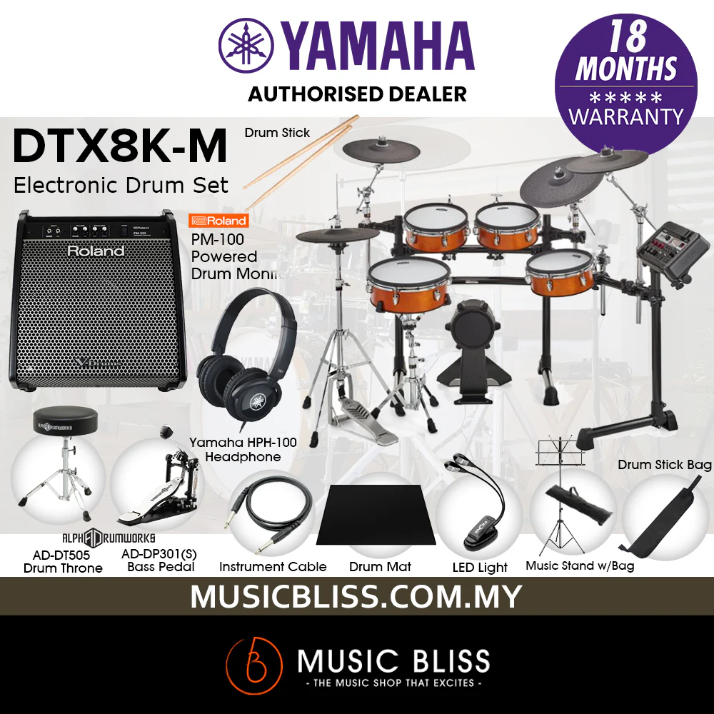 Yamaha DTX8K-M Electronic Drum Set with Roland PM-100 Drum Monitor and Yamaha HPH-100 Headphone - Real Wood