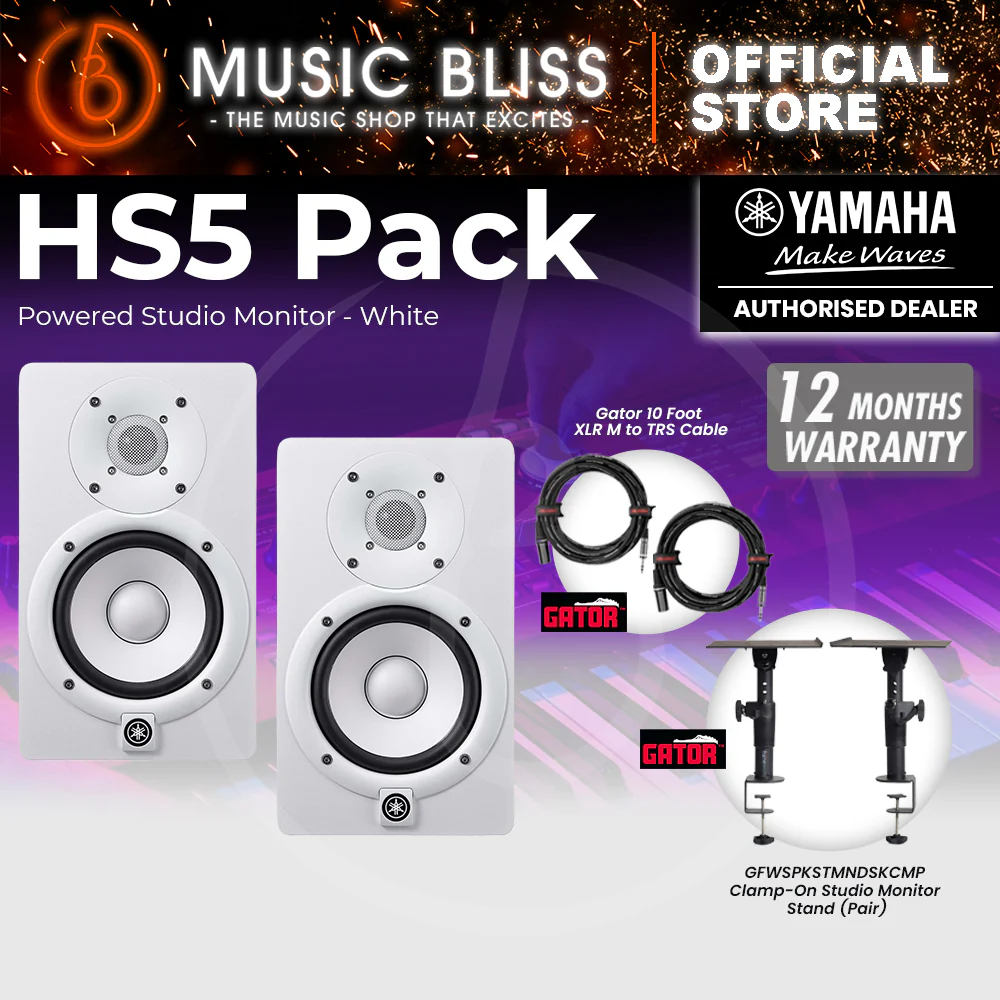 Yamaha HS5 Powered Studio Monitor Speaker White (Pair) Bundle with Gator Clamp-On Studio Monitor Stand & Gator Cables
