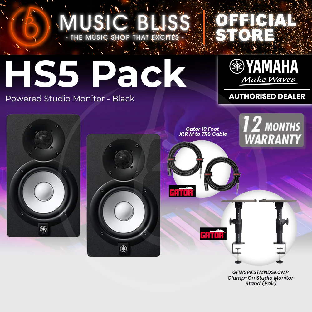 Yamaha HS5 Powered Studio Monitor Speaker Black (Pair) Bundle with Gator Clamp-On Studio Monitor Stand & Gator Cables